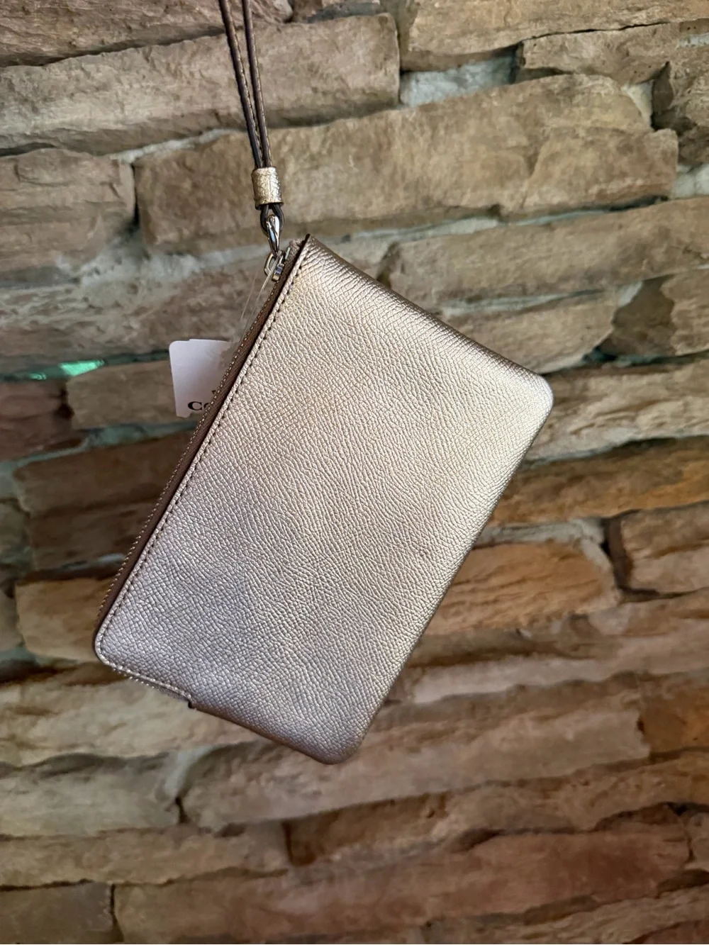 Coach NWT Metallic Silver Pink Trim Wristlet Clutch Wallet Phone Bag
